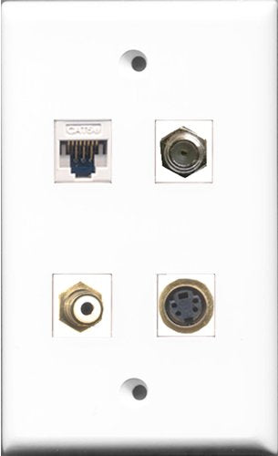 RiteAV - 1 Port RCA White and 1 Port Coax Cable TV- F-Type and 1 Port S-Video and 1 Port Cat5e Ethernet White Wall Plate