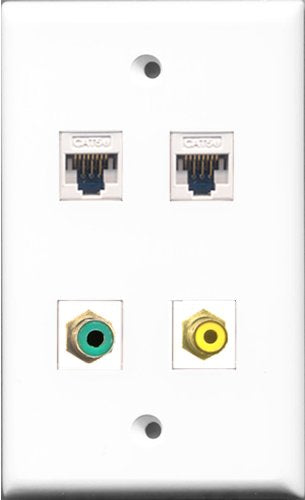 RiteAV - 1 Port RCA Yellow and 1 Port RCA Green 2 Port Cat5e Ethernet White Wall Plate