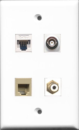 RiteAV - 1 Port RCA White and 1 Port Phone RJ11 RJ12 Beige and 1 Port BNC and 1 Port Cat5e Ethernet White Wall Plate