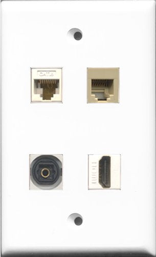 RiteAV 1 Port HDMI and 1 Port Phone RJ11 RJ12 Beige and 1 Port Toslink and 1 Port Cat6 Ethernet White Wall Plate