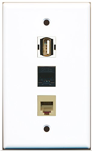 RiteAV - 1 Port USB A-A and 1 Port Phone RJ11 RJ12 Beige and 1 Port Cat5e Ethernet Black Wall Plate