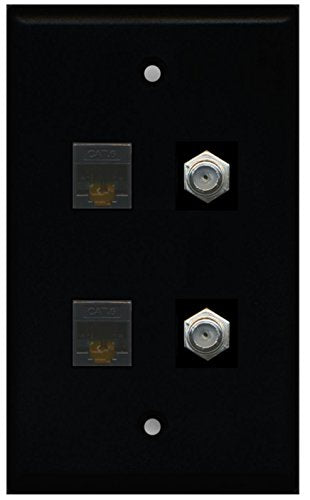 RiteAV - 2 Port Coax Cable TV- F-Type 2 Port Cat6 Ethernet Wall Plate - Black