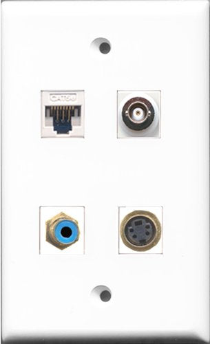 RiteAV - 1 Port RCA Blue and 1 Port S-Video and 1 Port BNC and 1 Port Cat5e Ethernet White Wall Plate