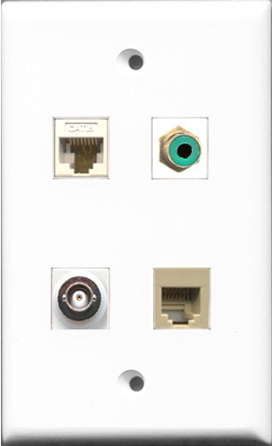 RiteAV 1 Port RCA Green and 1 Port Phone RJ11 RJ12 Beige and 1 Port BNC and 1 Port Cat6 Ethernet White Wall Plate