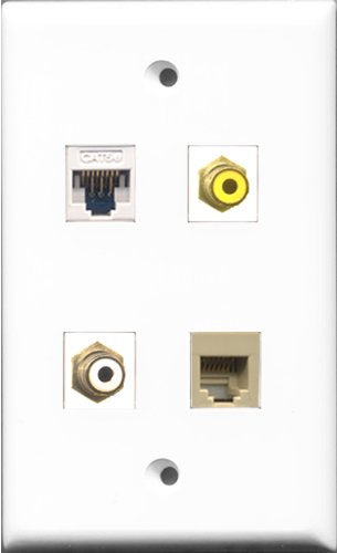 RiteAV 1 Port RCA White and 1 Port RCA Yellow and 1 Port Phone RJ11 RJ12 Beige and 1 Port Cat5e Ethernet White Wall Plate