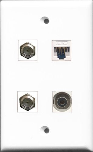 RiteAV - 2 Port Coax Cable TV- F-Type and 1 Port 3.5mm and 1 Port Cat5e Ethernet White Wall Plate