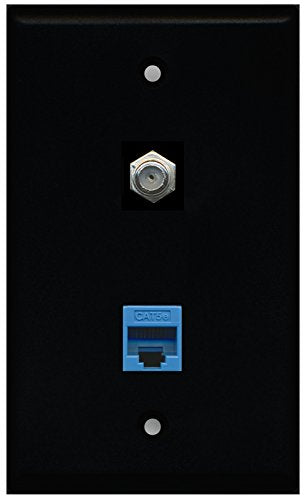 RiteAV - Black 1 Port Coax Cable TV- F-Type 1 Port Cat5e Ethernet Blue Wall Plate