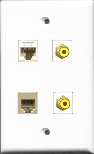 RiteAV - 2 Port RCA Yellow and 1 Port Phone RJ11 RJ12 Beige and 1 Port Cat6 Ethernet White Wall Plate