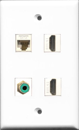 RiteAV - 2 Port HDMI and 1 Port RCA Green and 1 Port Cat6 Ethernet White Wall Plate