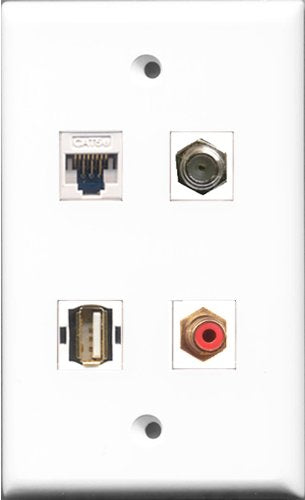 RiteAV - 1 Port RCA Red and 1 Port Coax Cable TV- F-Type and 1 Port USB A-A and 1 Port Cat5e Ethernet White Wall Plate