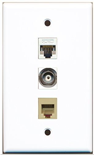 RiteAV - 1 Port Phone RJ11 RJ12 Beige and 1 Port BNC and 1 Port Cat5e Ethernet White Wall Plate