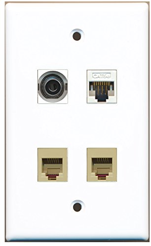 RiteAV - 2 Port Phone RJ11 RJ12 Beige 1 Port 3.5mm 1 Port Cat5e Ethernet White Wall Plate