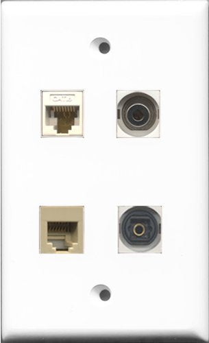 RiteAV 1 Port Phone RJ11 RJ12 Beige and 1 Port Toslink and 1 Port 3.5mm and 1 Port Cat6 Ethernet White Wall Plate