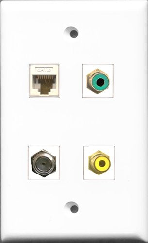 RiteAV 1 Port RCA Yellow and 1 Port RCA Green and 1 Port Coax Cable TV- F-Type and 1 Port Cat6 Ethernet White Wall Plate