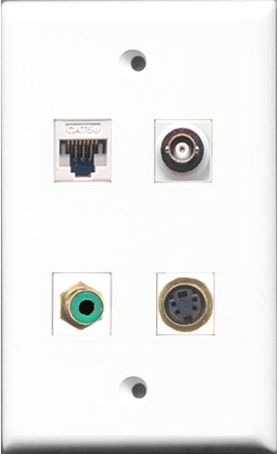 RiteAV - 1 Port RCA Green and 1 Port S-Video and 1 Port BNC and 1 Port Cat5e Ethernet White Wall Plate