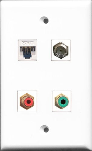 RiteAV - 1 Port RCA Red and 1 Port RCA Green and 1 Port Coax Cable TV- F-Type and 1 Port Cat5e Ethernet White Wall Plate