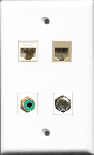 RiteAV 1 Port RCA Green and 1 Port Coax Cable TV- F-Type and 1 Port Phone RJ11 RJ12 Beige and 1 Port Cat6 Ethernet White Wall Plate