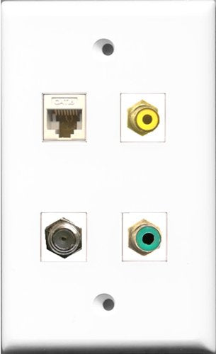 RiteAV 1 Port RCA Yellow and 1 Port RCA Green and 1 Port Coax Cable TV- F-Type and 1 Port Cat6 Ethernet White Wall Plate