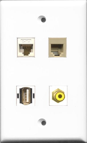 RiteAV 1 Port RCA Yellow and 1 Port USB A-A and 1 Port Phone RJ11 RJ12 Beige and 1 Port Cat6 Ethernet White Wall Plate