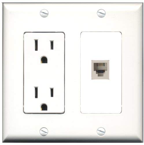 RiteAV - 15 Amp Power Outlet and 1 Port Phone RJ11 RJ12 Punchdown White Decorative Type Wall Plate White