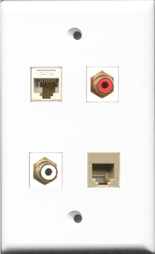 RiteAV 1 Port RCA Red and 1 Port RCA White and 1 Port Phone RJ11 RJ12 Beige and 1 Port Cat6 Ethernet White Wall Plate