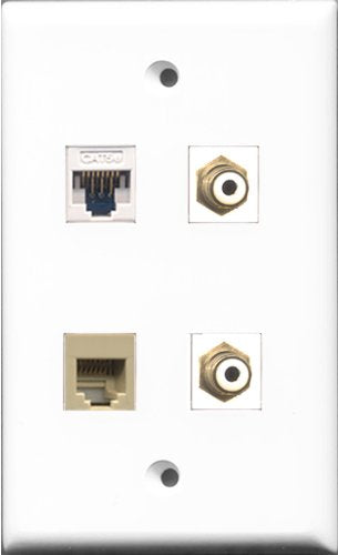 RiteAV - 2 Port RCA White and 1 Port Phone RJ11 RJ12 Beige and 1 Port Cat5e Ethernet White Wall Plate
