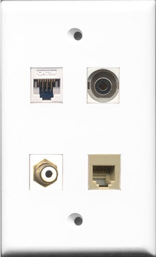 RiteAV - 1 Port RCA White and 1 Port Phone RJ11 RJ12 Beige and 1 Port 3.5mm and 1 Port Cat5e Ethernet White Wall Plate