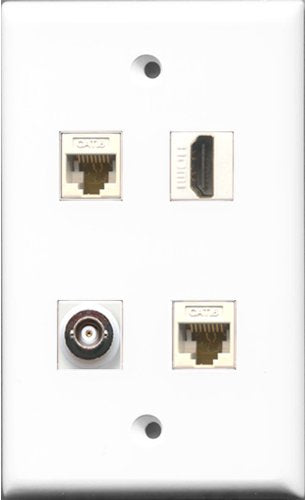 RiteAV 1 Port HDMI and 1 Port BNC 2 Port Cat6 Ethernet White Wall Plate