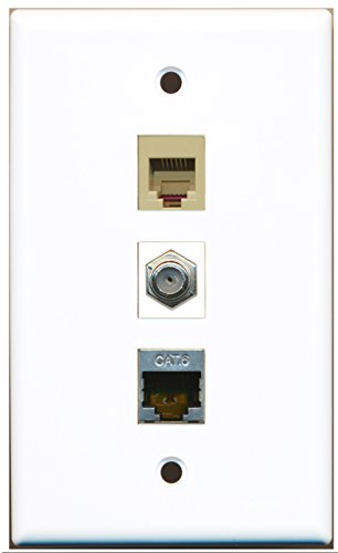 RiteAV - 1 Port Coax Cable TV- F-Type and 1 Port Phone RJ11 RJ12 Beige and 1 Port Shielded Cat6 Ethernet Wall Plate