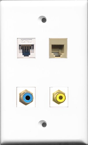 RiteAV 1 Port RCA Yellow and 1 Port RCA Blue and 1 Port Phone RJ11 RJ12 Beige and 1 Port Cat5e Ethernet White Wall Plate