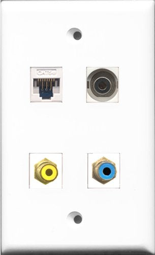 RiteAV - 1 Port RCA Yellow and 1 Port RCA Blue and 1 Port 3.5mm and 1 Port Cat5e Ethernet White Wall Plate