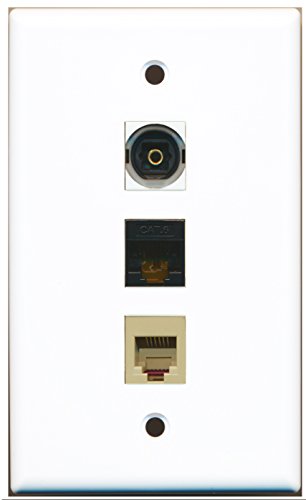 RiteAV - 1 Port Phone RJ11 RJ12 Beige and 1 Port Toslink and 1 Port Cat6 Ethernet Black Wall Plate