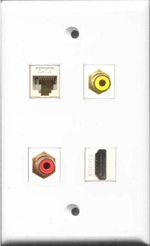 RiteAV 1 Port HDMI and 1 Port RCA Red and 1 Port RCA Yellow and 1 Port Cat6 Ethernet White Wall Plate