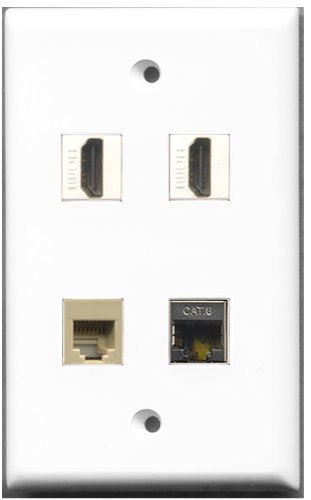 RiteAV - 2 Port HDMI 1 Port Phone RJ11 RJ12 Beige 1 Port Shielded Cat6 Ethernet Wall Plate