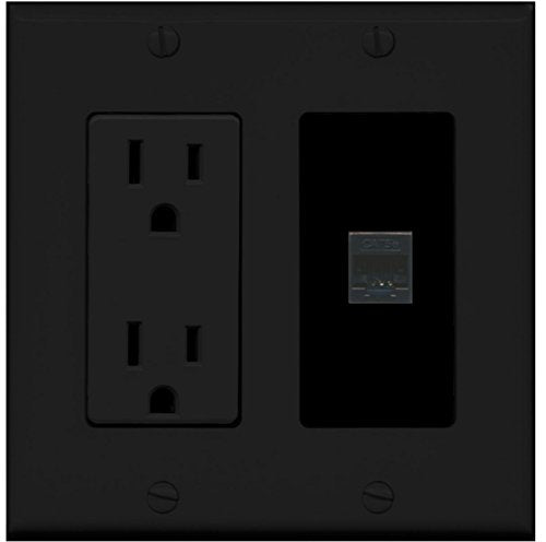 RiteAV - 15 Amp Power Outlet and 1 Port Cat5e Ethernet Decorative Type Wall Plate - Black