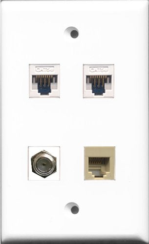 RiteAV - 1 Port Coax Cable TV- F-Type and 1 Port Phone RJ11 RJ12 Beige 2 Port Cat5e Ethernet White Wall Plate