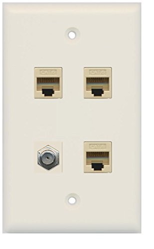 RiteAV 1 Port Coax Cable TV- F-Type 3 Port Cat6 Ethernet Wall Plate - Light Almond