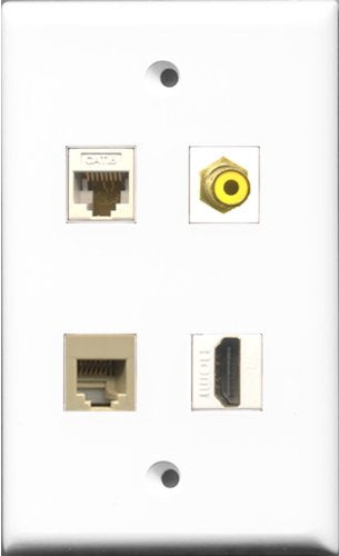RiteAV 1 Port HDMI and 1 Port RCA Yellow and 1 Port Phone RJ11 RJ12 Beige and 1 Port Cat6 Ethernet White Wall Plate