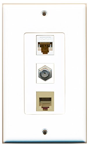 RiteAV - 1 Port Coax Cable TV- F-Type and 1 Port Phone RJ11 RJ12 Beige and 1 Port Cat6 Ethernet White Decorative Wall Plate Decorative