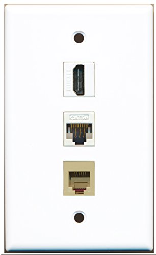 RiteAV - 1 Port HDMI and 1 Port Phone RJ11 RJ12 Beige and 1 Port Cat5e Ethernet White Wall Plate