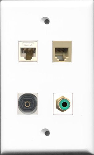 RiteAV 1 Port RCA Green and 1 Port Phone RJ11 RJ12 Beige and 1 Port Toslink and 1 Port Cat6 Ethernet White Wall Plate