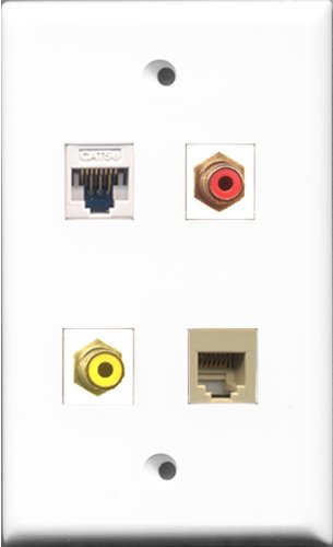 RiteAV 1 Port RCA Red and 1 Port RCA Yellow and 1 Port Phone RJ11 RJ12 Beige and 1 Port Cat5e Ethernet White Wall Plate