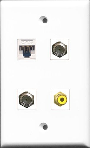 RiteAV - 1 Port RCA Yellow 2 Port Coax Cable TV- F-Type and 1 Port Cat5e Ethernet White Wall Plate