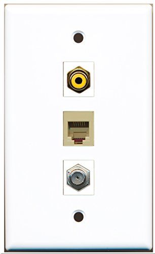 RiteAV - 1 Port RCA Yellow and 1 Port Coax Cable TV- F-Type and 1 Port Phone RJ11 RJ12 Beige Wall Plate