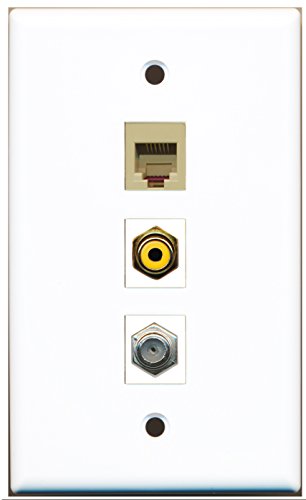 RiteAV - 1 Port RCA Yellow and 1 Port Coax Cable TV- F-Type and 1 Port Phone RJ11 RJ12 Beige Wall Plate