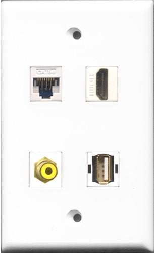 RiteAV - 1 Port HDMI and 1 Port RCA Yellow and 1 Port USB A-A and 1 Port Cat5e Ethernet White Wall Plate