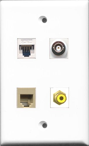 RiteAV - 1 Port RCA Yellow and 1 Port Phone RJ11 RJ12 Beige and 1 Port BNC and 1 Port Cat5e Ethernet White Wall Plate