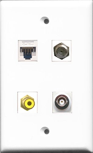RiteAV - 1 Port RCA Yellow and 1 Port Coax Cable TV- F-Type and 1 Port BNC and 1 Port Cat5e Ethernet White Wall Plate