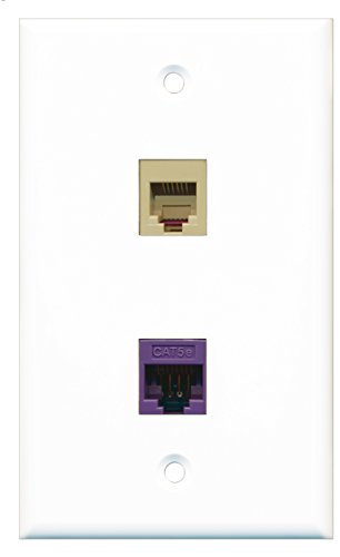RiteAV - 1 Port Phone RJ11 RJ12 Beige - 1 Port Cat5e Ethernet Purple Wall Plate White - Bracket Included