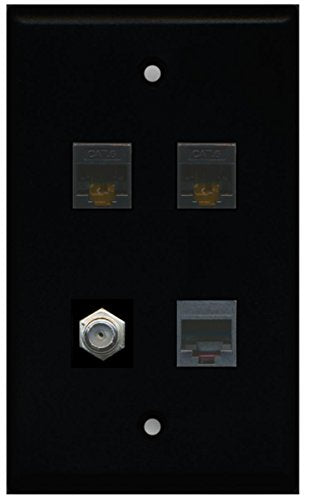 RiteAV 1 Port Coax Cable TV- F-Type and 1 Port Phone RJ11 RJ12 2 Port Cat6 Ethernet Wall Plate - Black